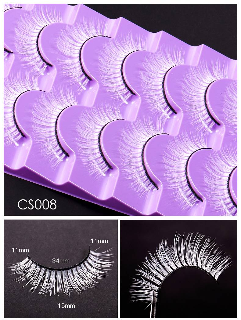 Baltos dirbtinės cheminio pluošto blakstienos, festivalio scenos makiažo blakstienos, 7 poros, sandėlyje_voghion.com