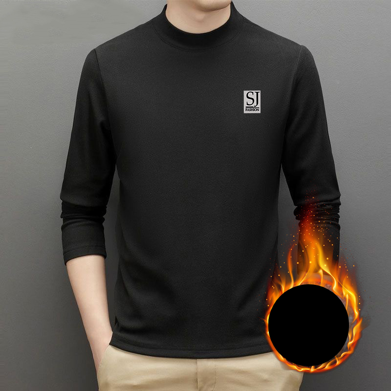 Men's Clothing autumn and winter de Velvet fleece-lined half turtleneck bottoming shirt simple printed solid color top warm bottoming shirt_voghion.com