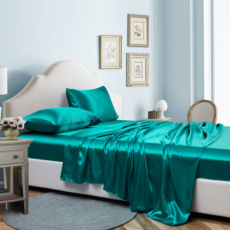 Juego de sábanas de satén de 4 piezas, ropa de cama de lujo con sábana ajustable, sábana encimera y fundas de almohada, tela ultra suave y agradable para la piel._voghion.com