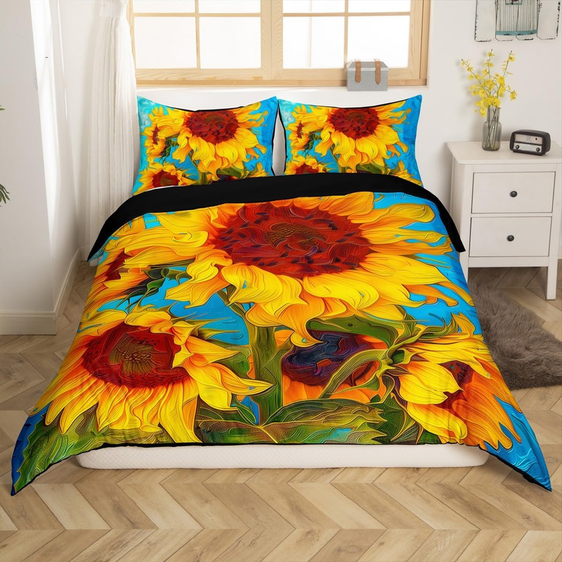 Copripiumino con girasole, copripiumino con motivo floreale dipinto a olio per lettino per bambini, set di biancheria da letto con motivo floreale da giardino, set di biancheria da letto in stile rustico con decorazioni per la camera da letto._voghion.com