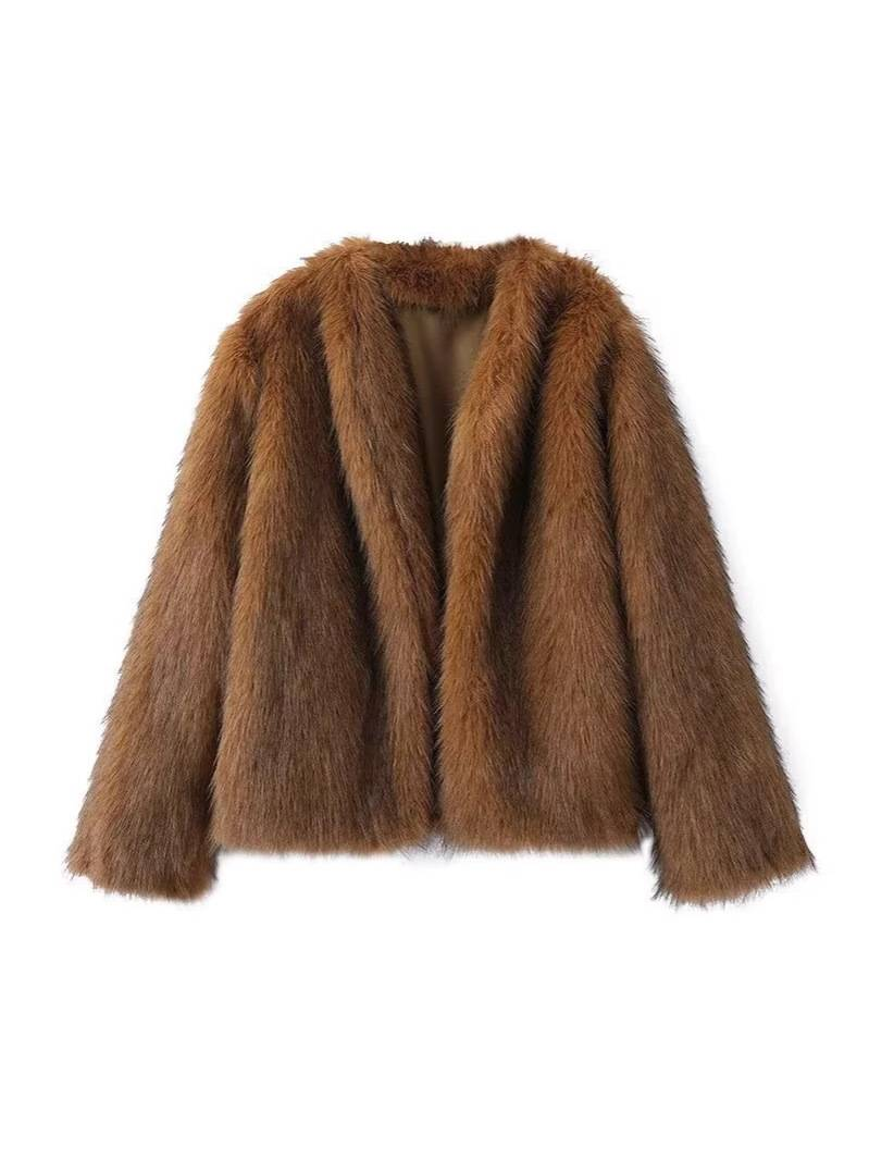 Women's Clothing Winter Faux Fox Fur V-Neck Cardigan With Black Tips – Short Sleeve Elegant Streetwear (Sizes S/M/L)_voghion.com