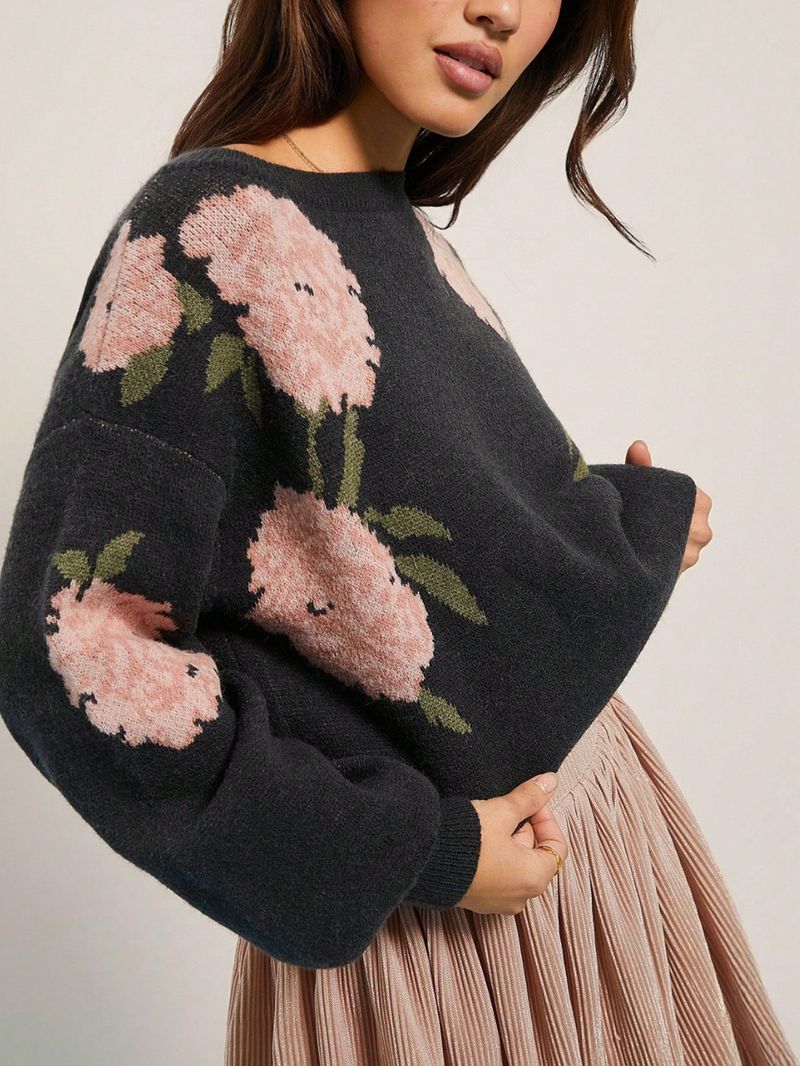 Pull jacquard fleuri pour femme, col ras du cou surdimensionné, tricot doux en mélange acrylique, tunique décontractée ample à manches longues_voghion.com