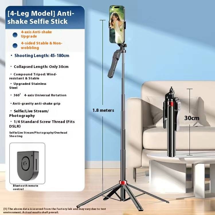 4-osiowy statyw do selfie z pilotem Bluetooth i pierścieniem świetlnym, 1,8-metrowy uchwyt na telefon do vlogowania i transmisji na żywo_voghion.com