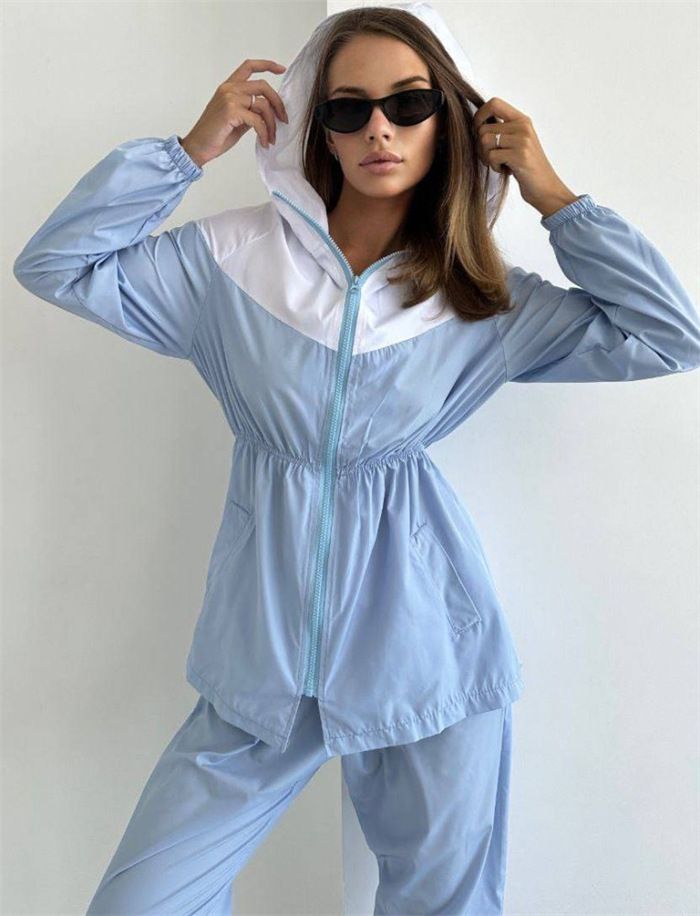 Completo casual da donna con felpa con cappuccio e pantaloni della tuta – Completo due pezzi streetwear alla moda – Abbigliamento comodo primavera/autunno (azzurro cielo/marrone)_voghion.com