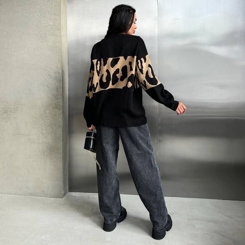 New Leopard Print Sweater Color Block Fashion Trend Loose Round Neck Lazy Style Early Autumn Women's Outerwear_voghion.com
