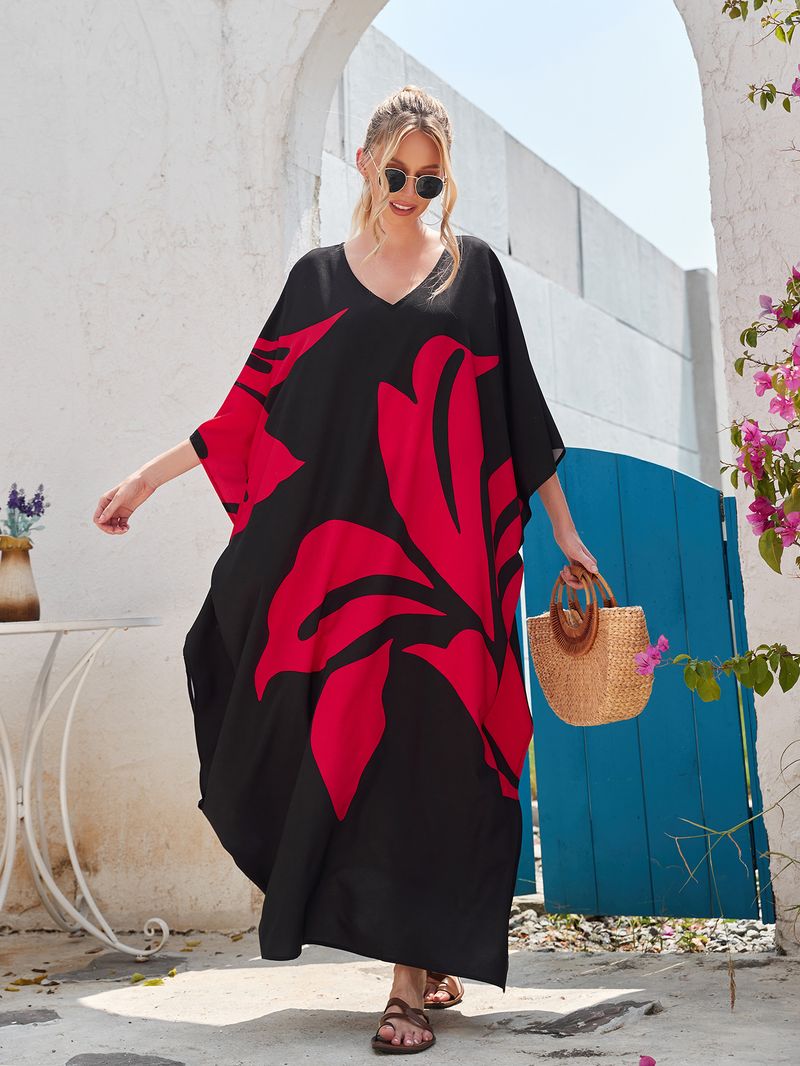 Überwurfkleid mit Fledermausärmeln im Bohemian-Print – Leichter Strandkimono für Damen, Bikini-Wickeltuch, Urlaubstunika in Übergröße, schnelltrocknendes Polyester_voghion.com
