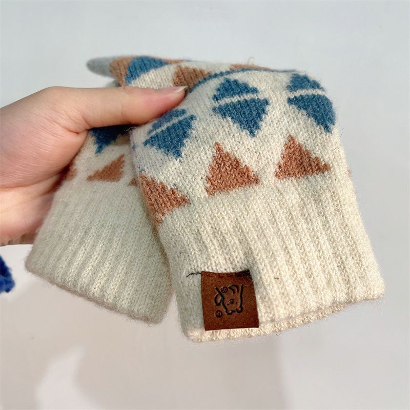 Japanese single quality autumn winter Korean triangular diamond grid knitted gloves, warm and cold resistant, brushed_voghion.com