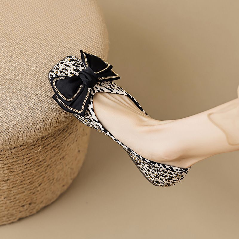 Sapatos femininos Square Head Single Bow Flat One Pedal Thousand Bird Grid Sola macia Boca rasa Doudou Shoes_voghion.com