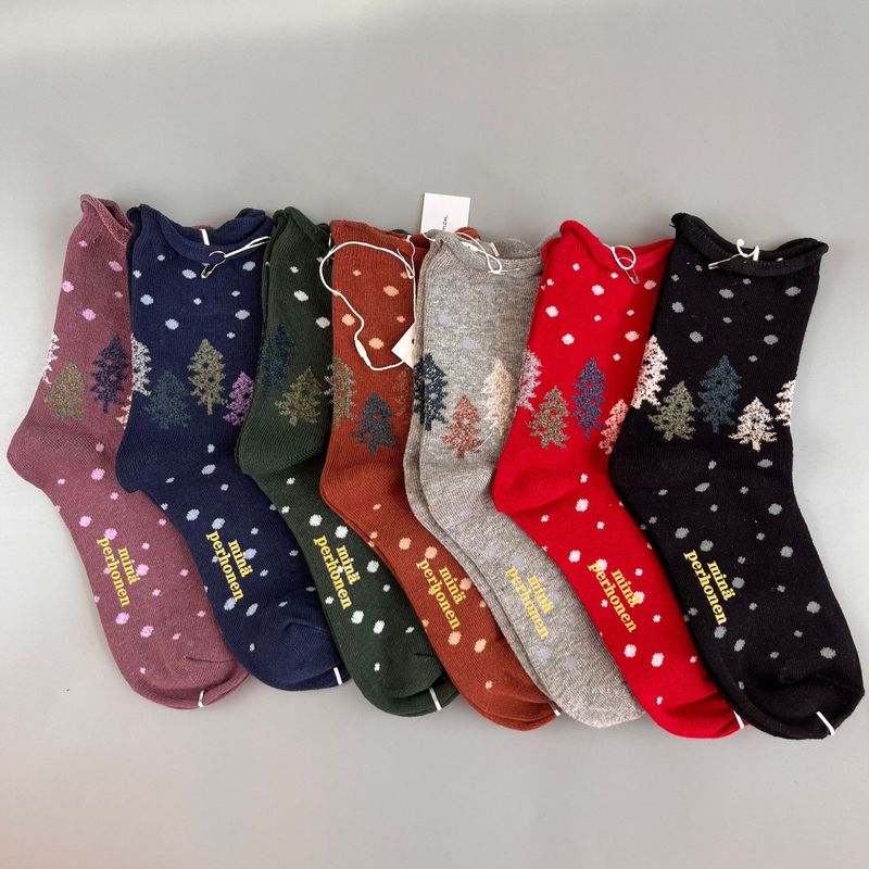 Lillian Japanese Akira Minagawa Mina Perhonen Style Retro Snowflake Christmas Tree Rolled Edge Autumn Winter Mid-Calf Socks_voghion.com
