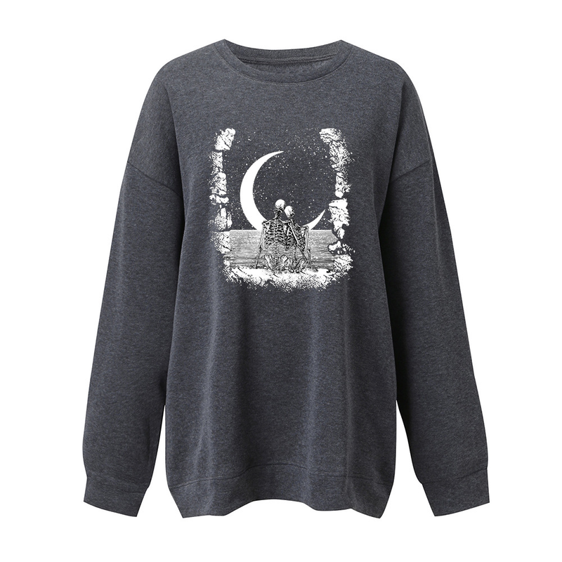 Halloween Skull Print Brushed Shoulder Long Sleeve Sweater Round Neck Women's Casual Top Unisex_voghion.com