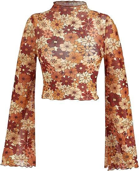 Top corto da donna con maniche a campana in rete floreale, colletto arricciato e orlo a lattuga_voghion.com