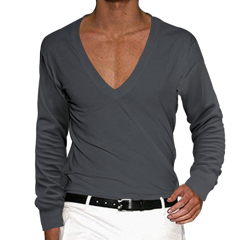 new long-sleeved t-shirt men's spring and autumn large V-neck solid color slim thin section casual t-shirt top_voghion.com
