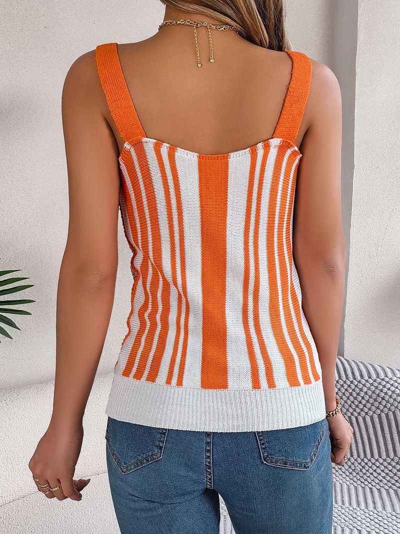 Spring Summer V-neck Button Color Block Hollow Knit Top Vacation Camisole Women's Clothing_voghion.com