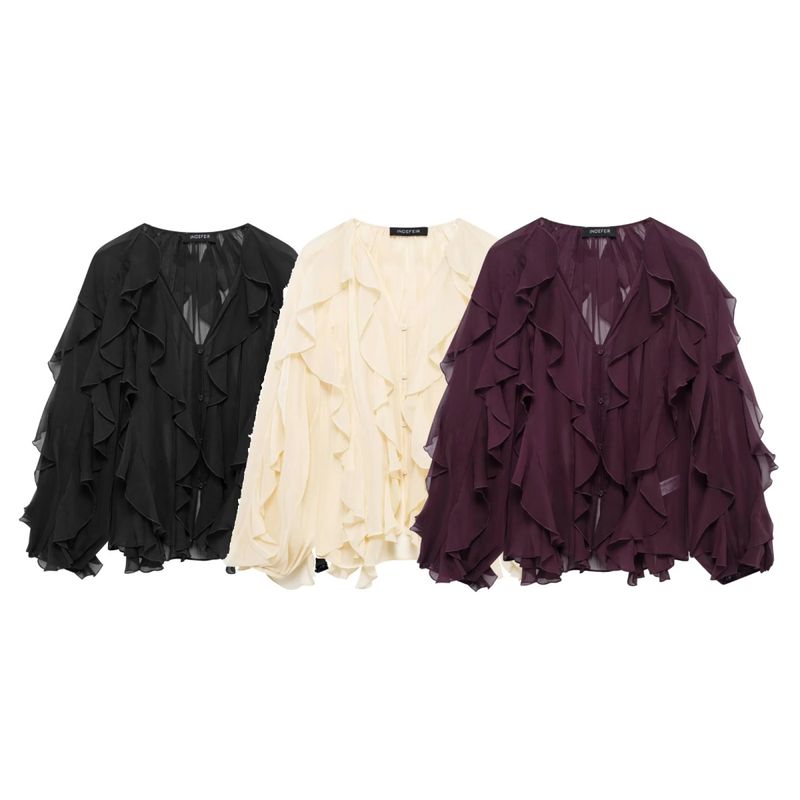Camicia a tinta unita con decorazioni a strati, stile primaverile, per donna_voghion.com