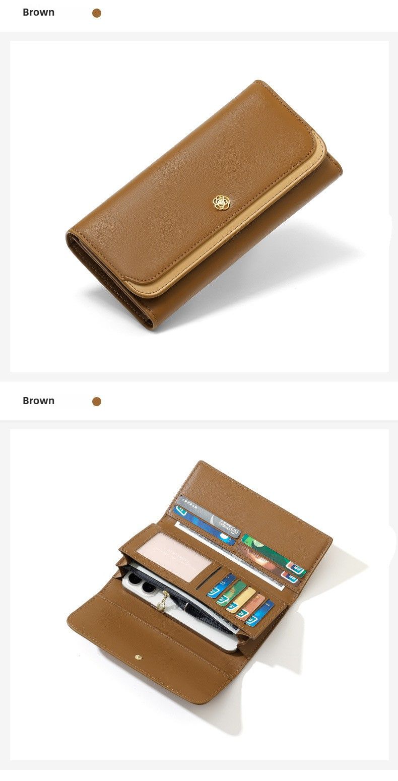 Medium-length Women's Wallet Big Brand Three-fold Multi-card Slots Splicing Hand-held Genuine Leather Folding Mobile Phone Grab Bag Zipper Wallet_voghion.com