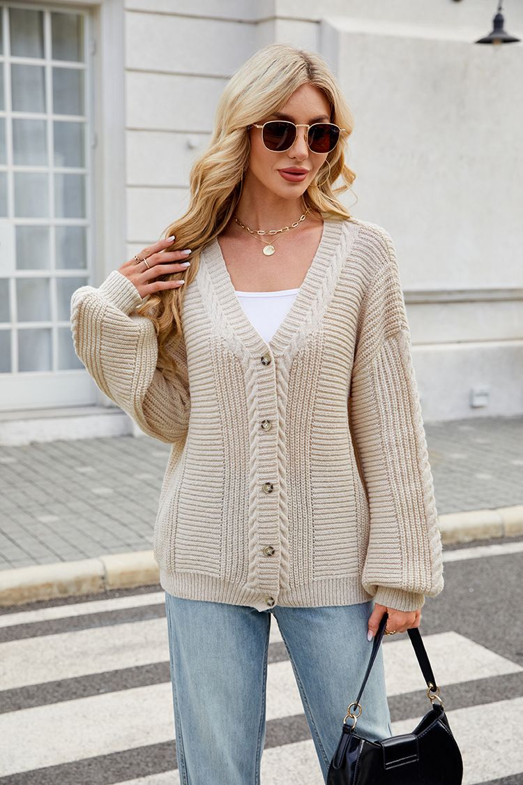 Cardigan oversize in maglia con scollo a V – Cappotto in maglia comodo e chic per donna, giacca in maglia larga in stile pigro, maglione a trecce con scollo a V a maniche lunghe_voghion.com