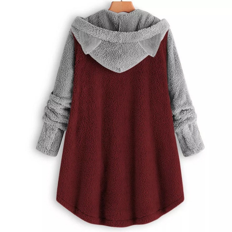Women's Clothing Autumn And Winter Button Hooded Cat Ear Plush Top Irregular Trendy Brand Color Matching Jacket For Women_voghion.com