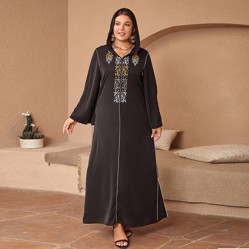 Verve Muslim Ethnic Embroidered Satin Long Sleeve Plus Size Loose Dress Robe_voghion.com