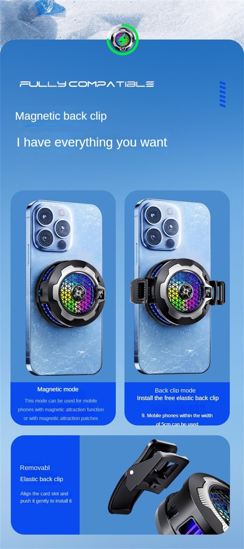 Wireless Charging Magnetic Phone Cooler For IPhone 15, 14, 13, 12, 11 S24 Ultra Back Clamped Phone Fan Game Cooling_voghion.com