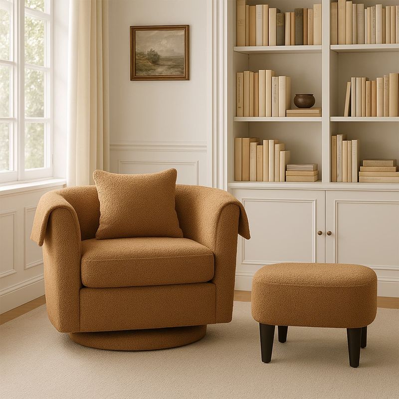 Swivel Accent Chair With Ottoman Set, Modern Chenille Barrel Armchair With Removable Back Pillow & 2 Armrest Covers For Living Room, Bedroom, Office, Yellow_voghion.com