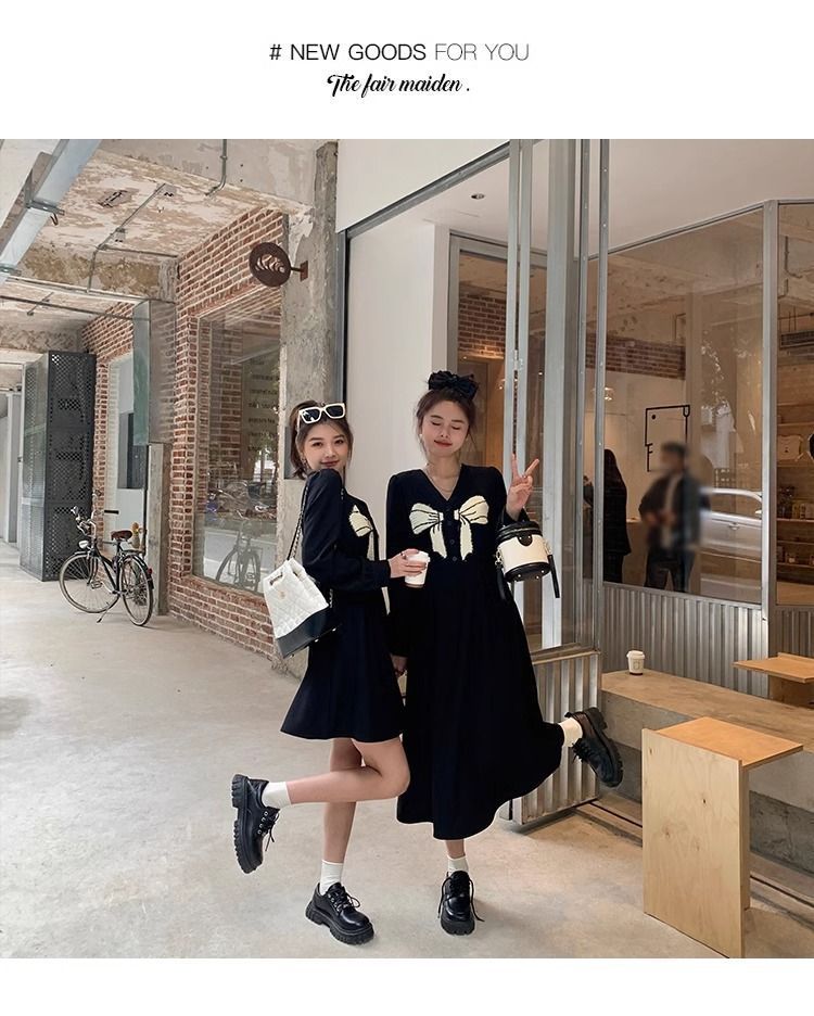 Abito oversize da donna con colletto a V Chubby che trasmette un'atmosfera snellente. Modello corto e lungo con fiocco, stile francese e un grazioso_voghion.com