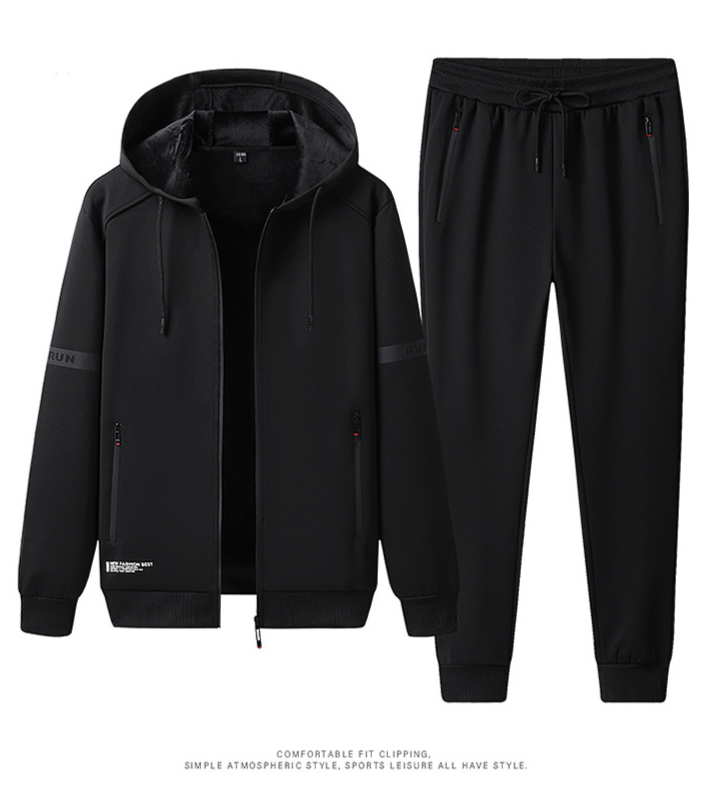 Tuta sportiva casual da uomo autunnale e invernale, felpa in velluto spesso, due pezzi, con cappuccio, calda tuta_voghion.com