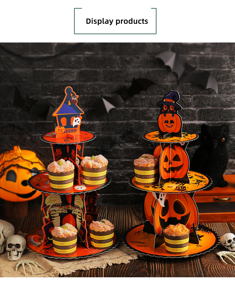 Helovīna ķirbju daudzslāņu kūku stenda dekorēšana 3D papīra kūkas paplātes ballīte Ziemassvētku desertu galds_voghion.com