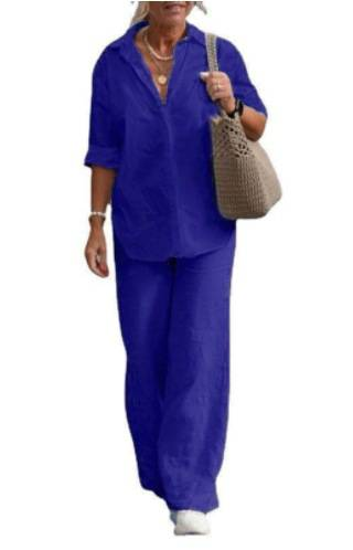 Ensemble deux pièces en coton et lin pour femme, chemise à manches longues et revers, pantalon décontracté uni pour le printemps et l'automne, tailleur à jambes larges_voghion.com