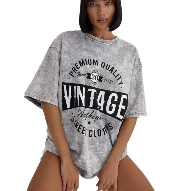 Vêtements pour femmes, style vintage délavé, style ancien, t-shirt en pur coton, mode féminine, all-match, décontracté, tendance_voghion.com