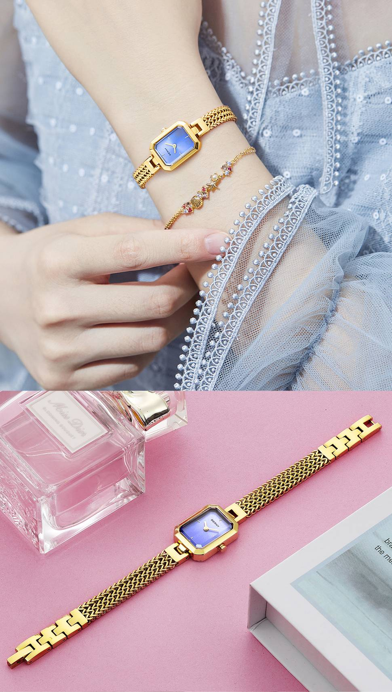 BERNY Small Gold Watches For Women Dainty Luxury Ladies Analog Quartz Bracelet Watch Rectangular Case Stainless Steel Waterproof Minimalist Wristwatch_voghion.com