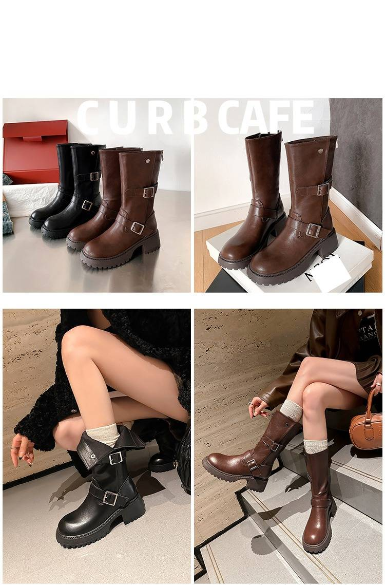 Bottes d'équitation à talons épais pour femme - Bottes mi-mollet en cuir avec fermeture éclair à l'arrière, bout rond, semelle antidérapante pour l'hiver, le printemps et l'automne._voghion.com