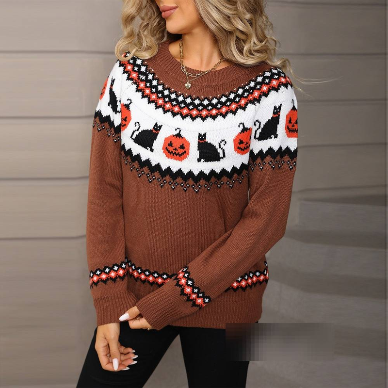 Abbigliamento da donna Taglie forti Maglione lavorato a maglia per Natale e Halloween Maglione girocollo casual da donna a maniche lunghe con stampa sorridente_voghion.com