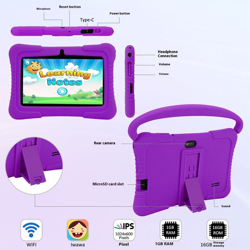 Kids Tablet – 7-inch Android Learning Pad With Parental Control, 32GB Storage, Dual Camera & Shockproof Case – Blue/Pink/Purple/Red_voghion.com