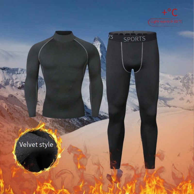 Conjunto de corrida e treino masculino com forro de lã - Camada de base térmica para esqui, caminhada, academia - Roupa esportiva respirável e de secagem rápida (preto)_voghion.com