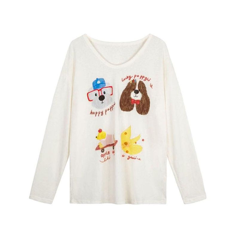 T-shirt a maniche lunghe con stampa di cartoni animati color albicocca per donna, stile pigro per l'inizio dell'autunno, vestibilità casual, sottile e ampia, con scollo rotondo._voghion.com