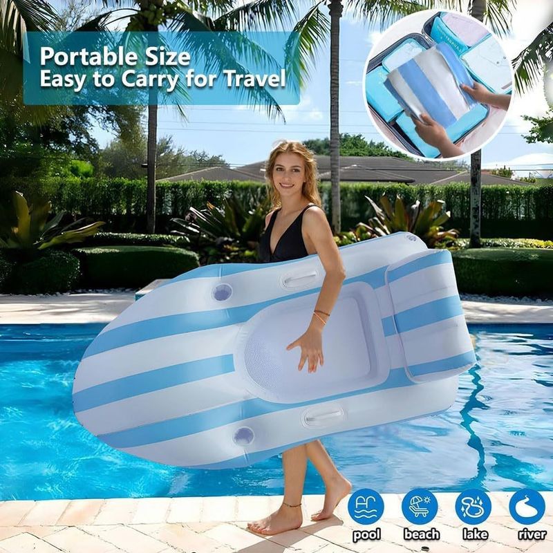 Chaise longue gonflable de loisirs pour adultes, porte-gobelet en PVC, piscine d'été, dossier épais, lit flottant, bateau flottant d'extérieur_voghion.com