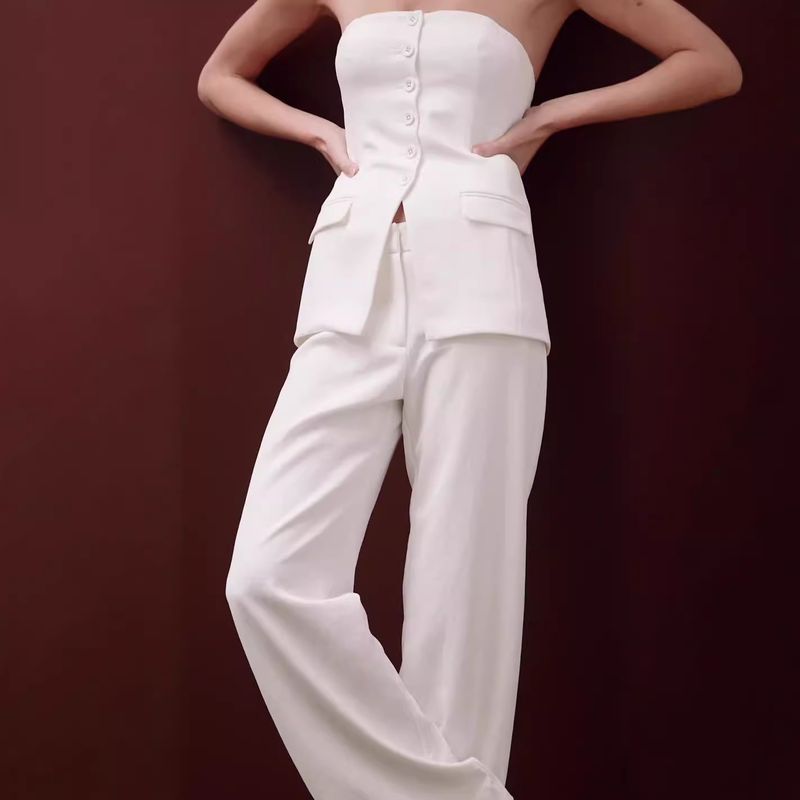 2023 Autumn New Casual Fashion Suit Button Elegant Strapless Set Pants_voghion.com