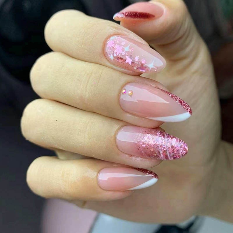 Mandlové 24 ks Jednoduchá sada Na nehty Gradientní lesklý pudr False Nail Nail Wearable kulaté full cover tipy dokončené presovací olej_voghion.com