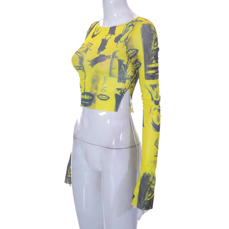 Q21TP458 Jersey estampado de manga larga con cuello redondo de otoño e invierno con abertura lateral umbilical abierta Moda informal_voghion.com