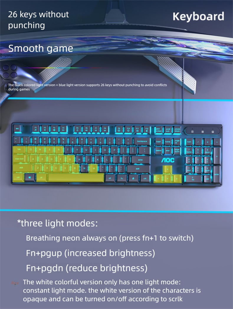 Ensemble clavier et souris AOC, filaire, mécanique, USB, éclairage, pour ordinateur portable et de bureau_voghion.com