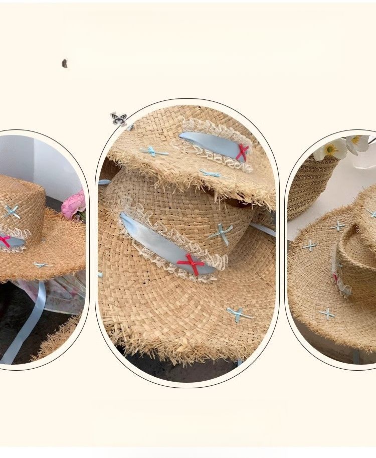 Cappello di paglia a tesa piatta, cappello da spiaggia a tesa larga da donna, cappello con protezione solare_voghion.com