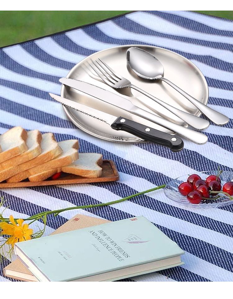 Conjunto de talheres de aço inoxidável para acampamento, viagem, bife, faca, garfo, colher, bolsa de pano, conjunto de talheres_voghion.com