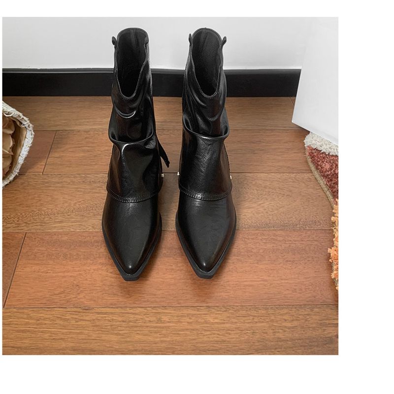 Bottes mi-mollet à talon épais et bout pointu pour femme, élégantes et polyvalentes_voghion.com