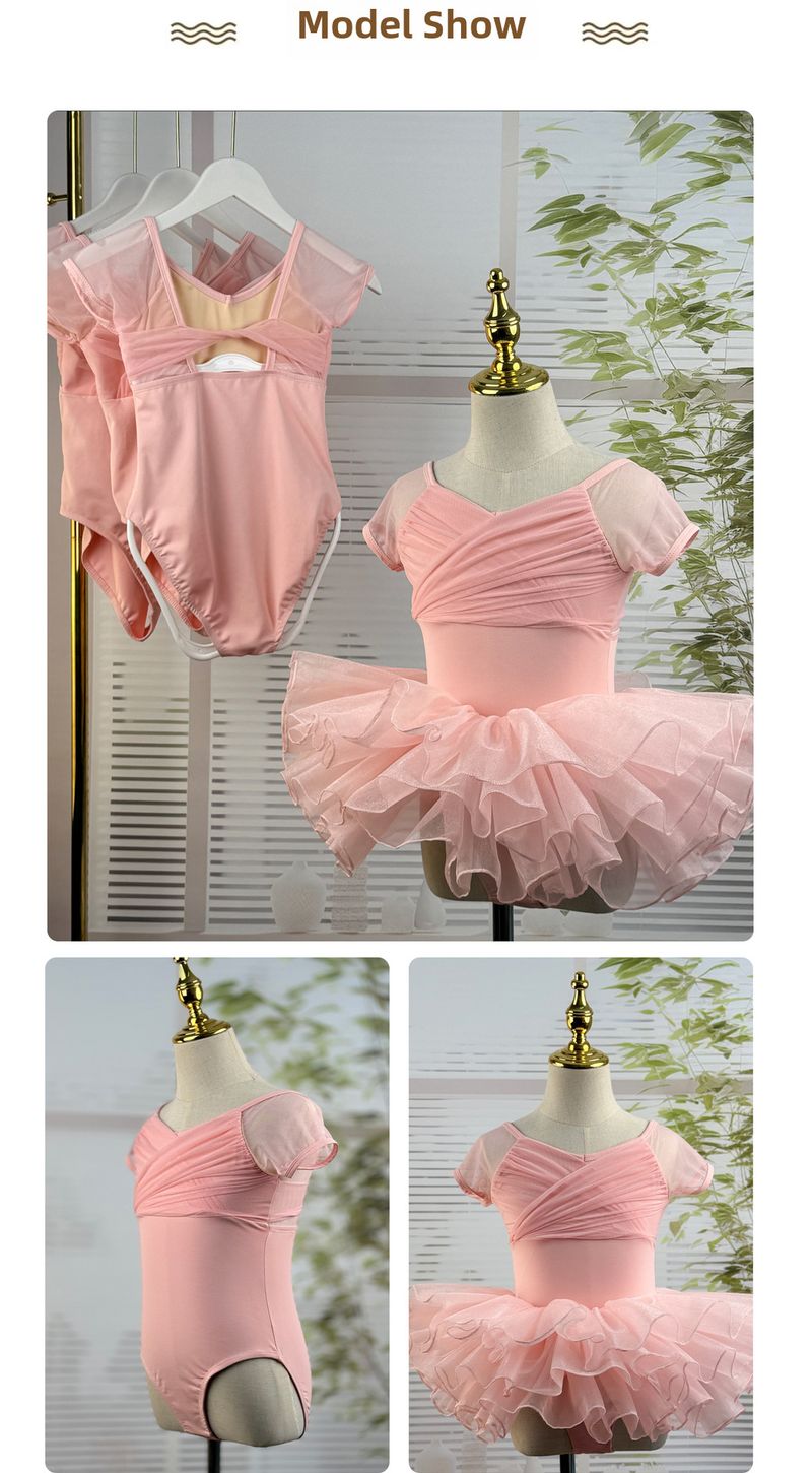 Ropa de baile de verano nueva para niños, ropa de entrenamiento para niñas, ropa de baile de gimnasia de ballet de malla de ortografía de manga corta en stock_voghion.com