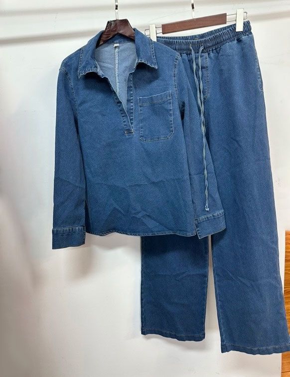 Damenbekleidung Jeansanzüge Langärmlige Oberteile mit Reverstasche Schnürung Gerade Hose Zweiteilige Anzüge_voghion.com
