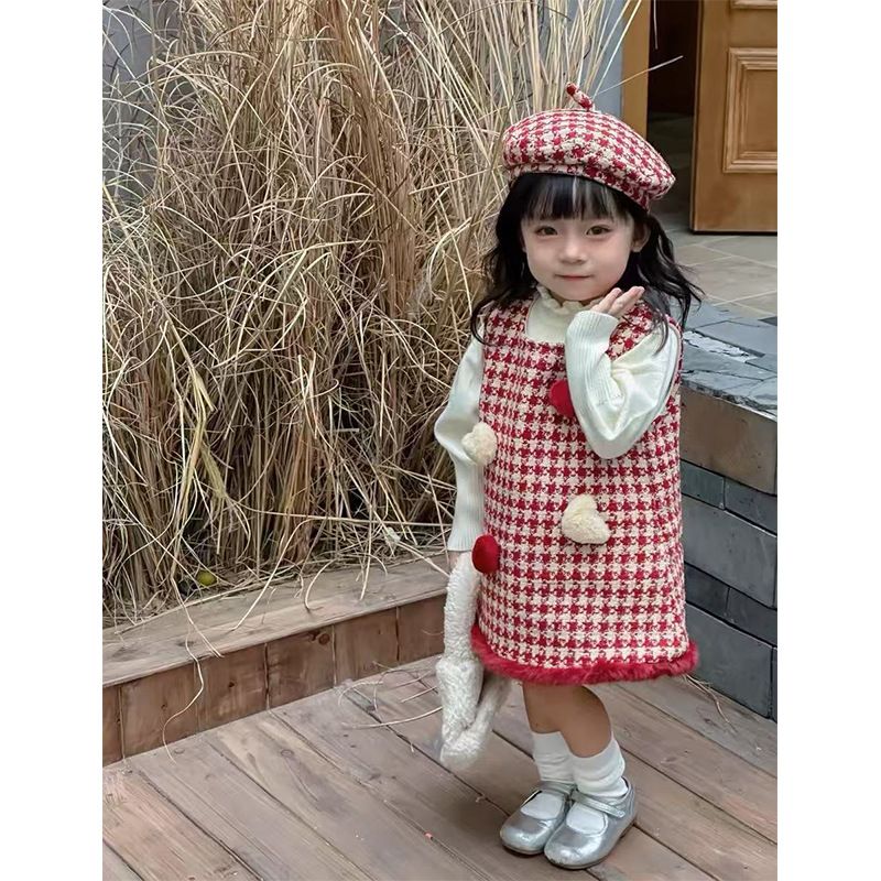 Mädchen Sweet Love Wollweste, Rock, Strickpullover, Baskenmützen-Set_voghion.com