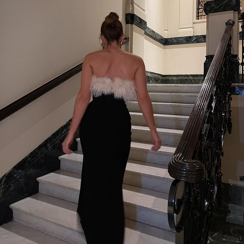 Winterfest, Weihnachten, Kontrastfarbe, Plüsch, einzeiliger Kragen, Tube-Top, hoher Schlitz, langer Rock, Kleid für Damen_voghion.com