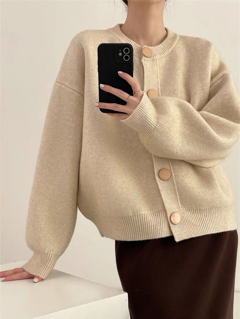 Elegant Single-Button Knit Cardigan For Women – Oversized Boho Chic Cropped Sweater Coat In Soft Round Neck (Coffee Brown, Beige, Oatmeal, Red)_voghion.com