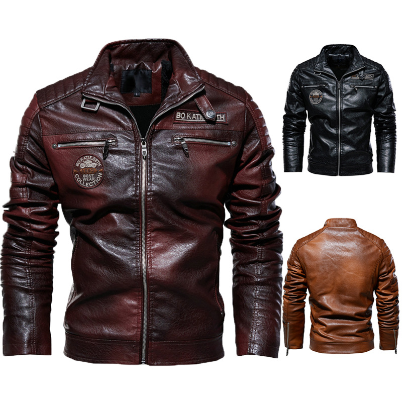 Suitable For All Seasons 【English Details】European Size Leather New Men's PU Coat Motorcycle Jacket With Fleece Lining_voghion.com