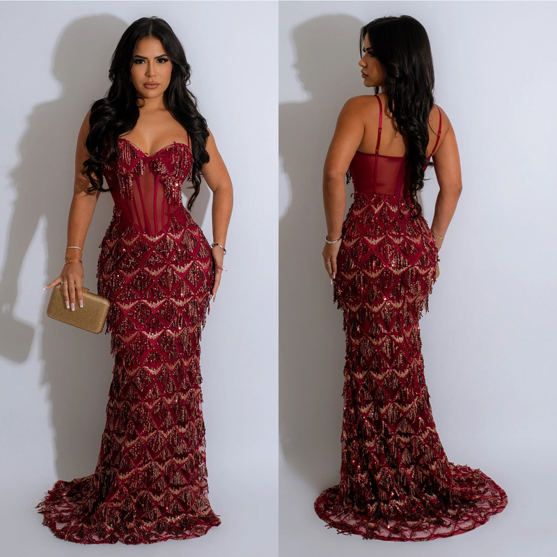 Women's Solid Color Sequin Sexy Suspender Long Skirt Dress_voghion.com
